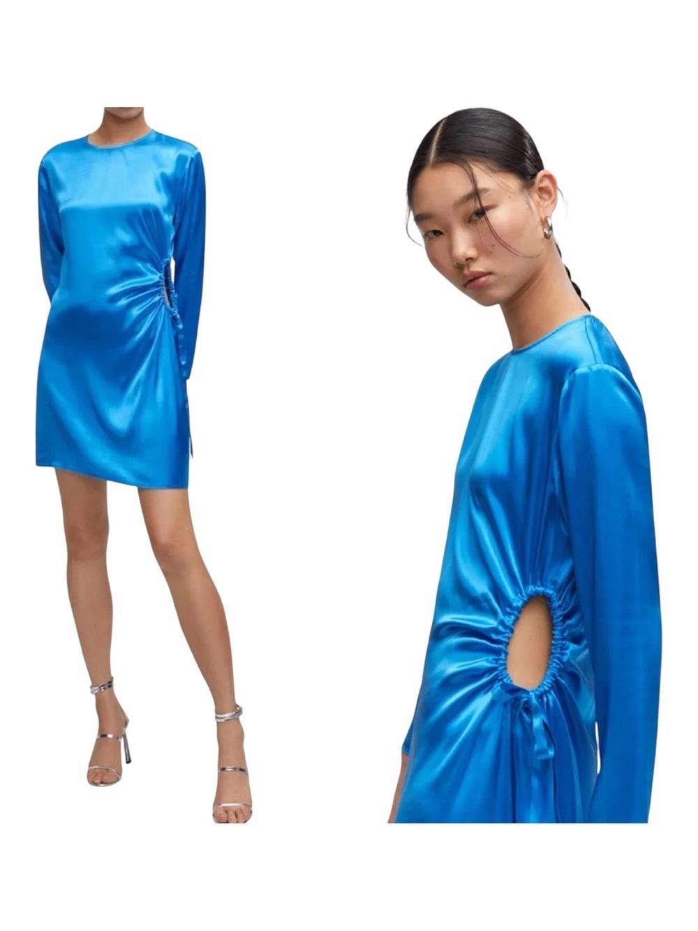 NWT! Mango Blue Satin Side Cut-Out Long Sleeve Cocktail Mini Dress. Size US 10.